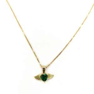 Collana pendente cuore ali verde dorato argento